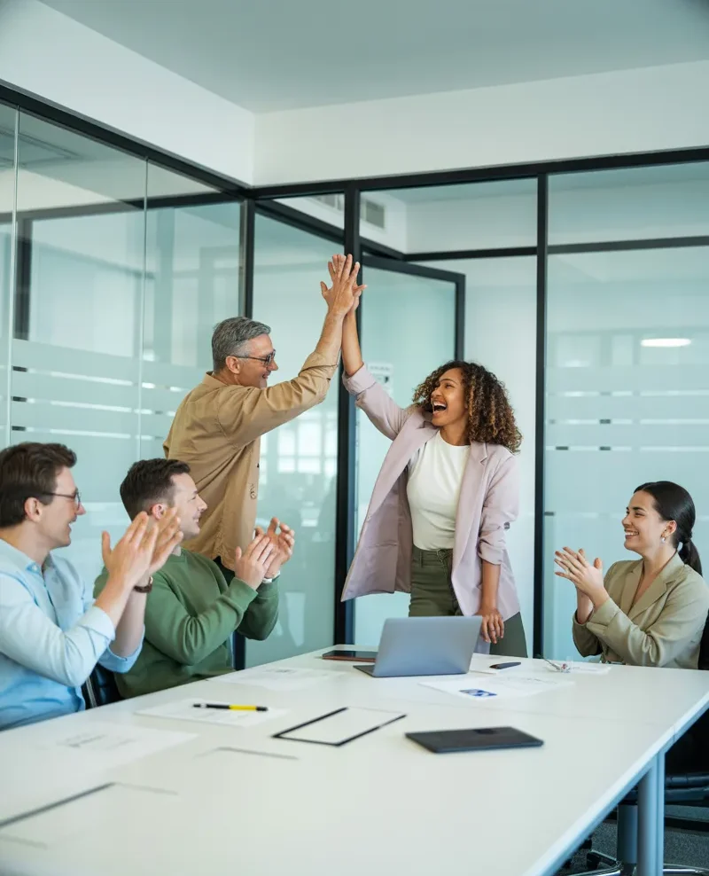 Diverse professionals celebrating success in a modern office